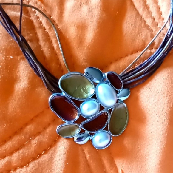 handmade Jewelry - PEARL AND ENAMEL CLUSTER PENDANT SEVEN STRAND CORD NECKLACE 20 INCH